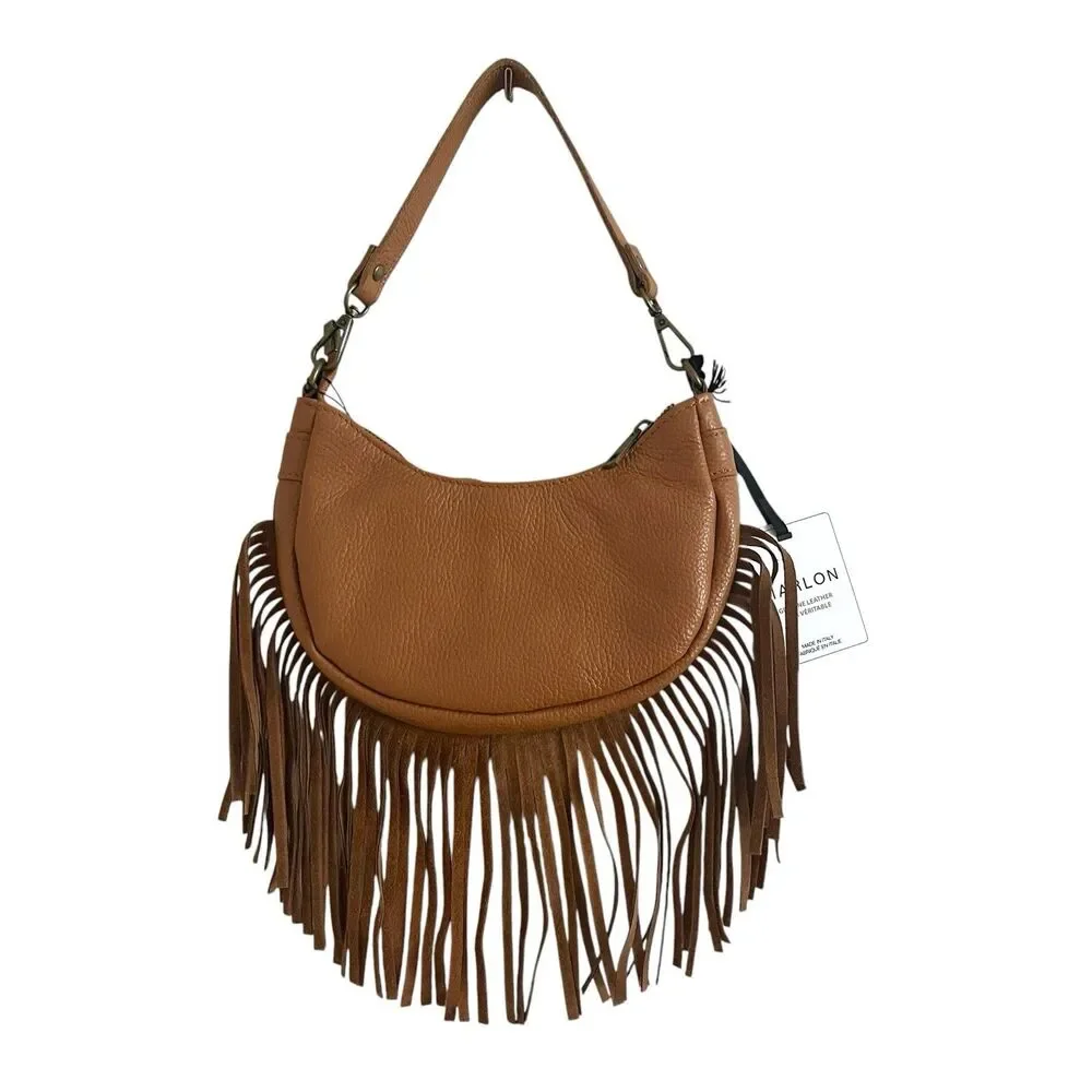 NWT Marlon Italy Leather Fringe Crescent Hobo Bag Brown Western Cowgirl Festival